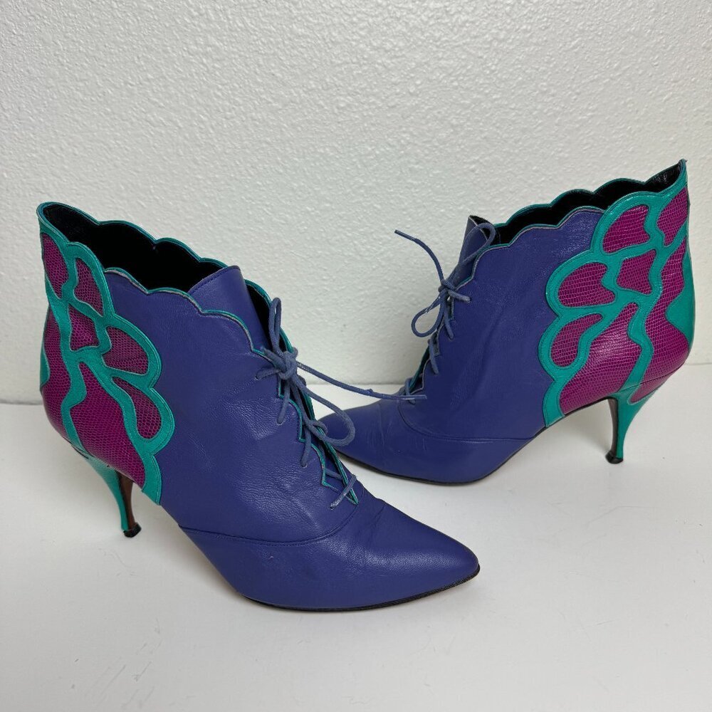 Beverly Feldman Heeled Boots Lace up Colorblock Purple Soft Leather Sz 7.5
